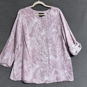 Tahari Top 1X Purple Floral Linen Button Roll Tab Tunic Tropical Beach Lagenlook